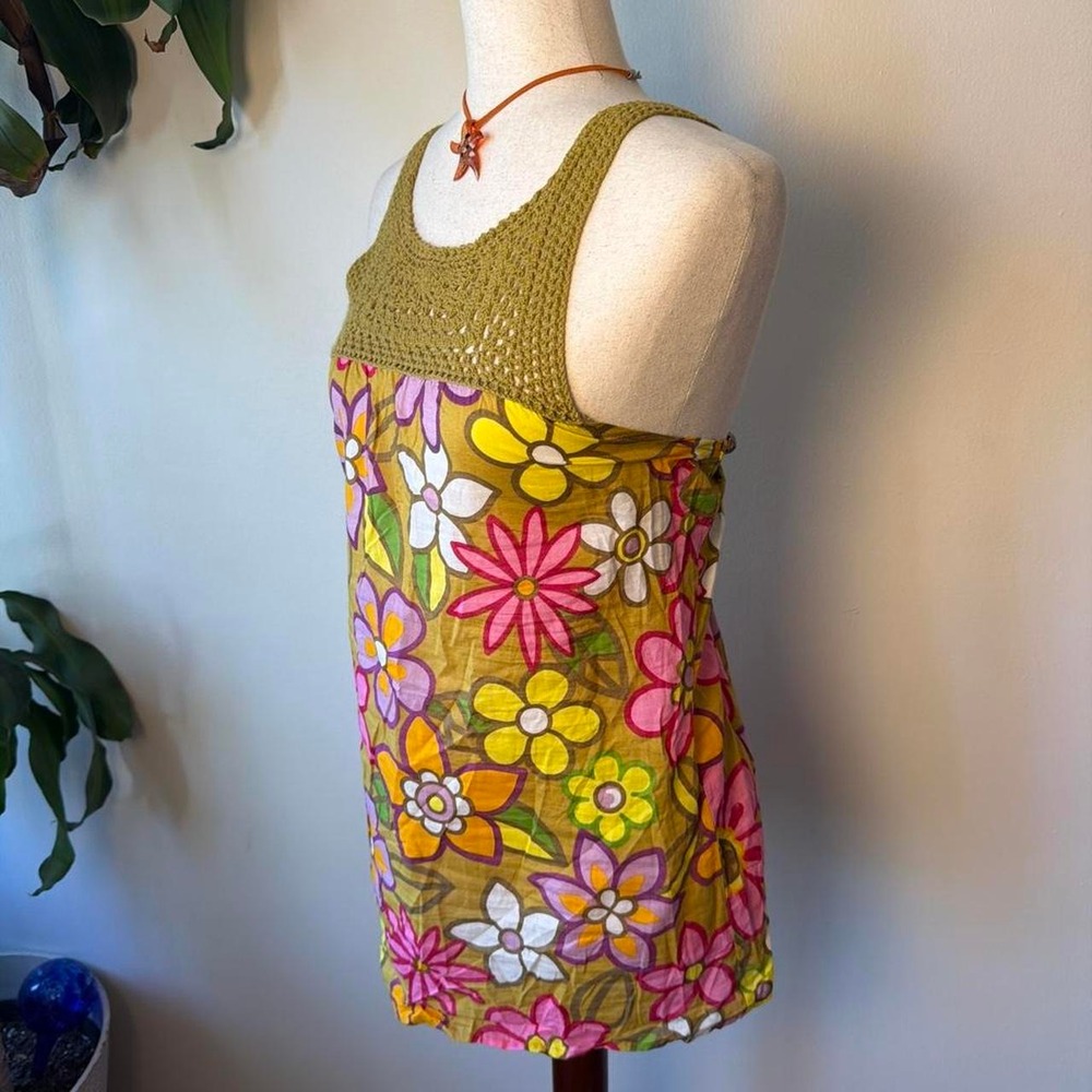 Charlotte Russe Vintage Y2K Crochet Floral Babydoll Tank Top Green Pink Large - Picture 2 of 6